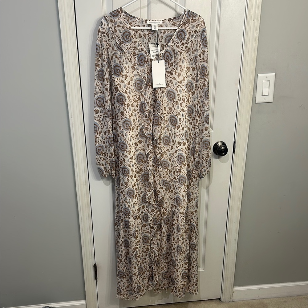 Lucky Brand Cream and Brown Floral Long Sleeve Dress